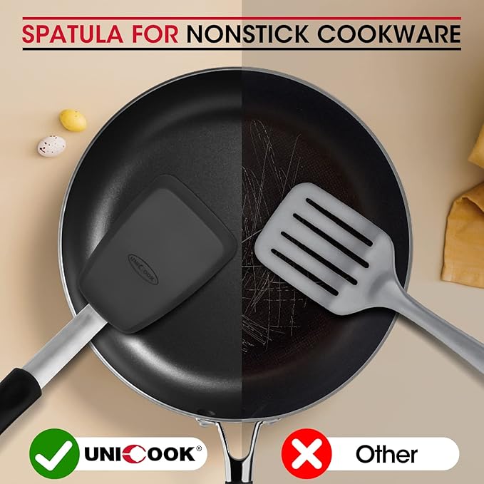 Unicook 2 Pack Flexible Silicone Spatula, Turner, 600F Heat Resistant, Ideal for Flipping Eggs, Burgers, Crepes and More, Black - Image 4