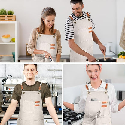 OUNLEN Chef Apron for Men Women Canvas Aprons with 3 Pockets Cross Back Resistant Work Apron for Cooking - Image 6
