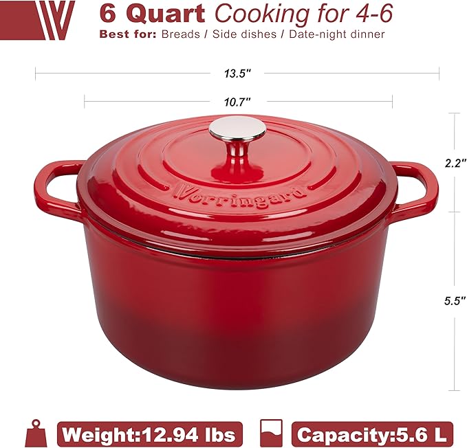 VORRINGARD Enameled Cast Iron Dutch Oven Pot with Lid, for Sourdough Bread Baking, Round Dutch Ovens, 6 Quart, Red - Image 2