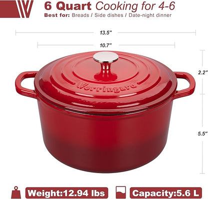 VORRINGARD Enameled Cast Iron Dutch Oven Pot with Lid, for Sourdough Bread Baking, Round Dutch Ovens, 6 Quart, Red - Image 2