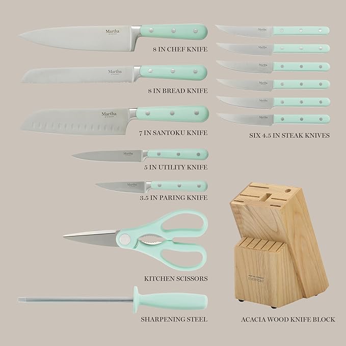 MARTHA STEWART Eastwalk 14 Piece High Carbon Stainless Steel Cutlery Knife Block Set w/ABS Triple Riveted Forged Handle Acacia Wood Block - Martha Blue - Image 3