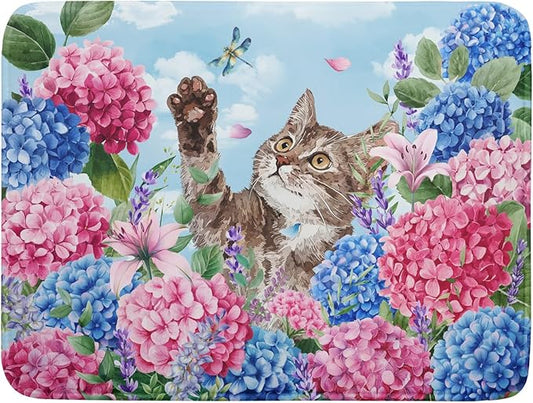 Cute Cat Dish Drying Mats for Kitchen Counter Hydrangea Floral Absorbent Drying Dishes Mat Large 18 X 24 by Giwawa