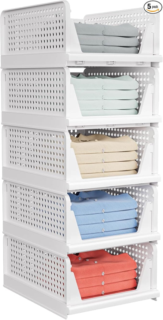 5 Pack Stackable Closet Storage Basket - Stackable Storage Bins, Multifunctional & Foldable Closet Organizer Waterproof, Wardrobe Cupboard Space-Saving Hat Storage Drawer Organizer, White by shoeboxesanddeskorganizers