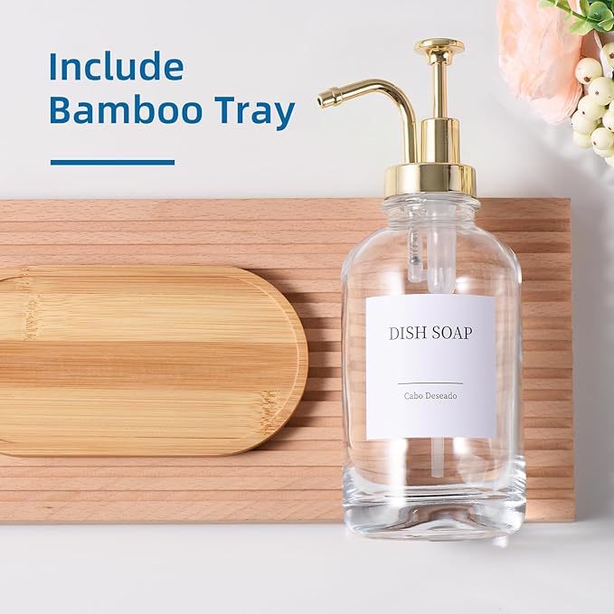 Glass Soap Dispenser with Pump, Dish and Hand Soap Dispenser for Kitchen Bathroom Set, Clear Glass Dispenser Set of 2 Pack with 18 Stickers Funnel Bamboo Tray 500ml 18oz / Each Bottle Gold Pump - Image 6