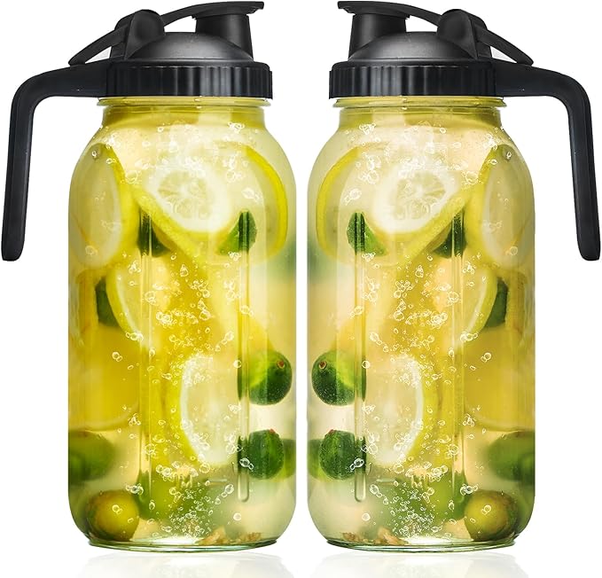 Glass Mason Jars Pitcher 64 Oz Pour Spout Lids & Handle (2 Pack) Wide Mouth Airtight Leak Proof Fridge Breast Milk Pitcher With Top Flip Cap 2 Quart Water Jug For Cold Brew Coffee, Iced Tea, by Liuruiyu