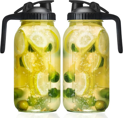 Glass Mason Jars Pitcher 64 Oz Pour Spout Lids & Handle (2 Pack) Wide Mouth Airtight Leak Proof Fridge Breast Milk Pitcher With Top Flip Cap 2 Quart Water Jug For Cold Brew Coffee, Iced Tea, by Liuruiyu