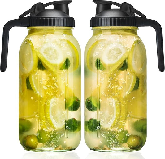 Glass Mason Jars Pitcher 64 Oz Pour Spout Lids & Handle (2 Pack) Wide Mouth Airtight Leak Proof Fridge Breast Milk Pitcher With Top Flip Cap 2 Quart Water Jug For Cold Brew Coffee, Iced Tea, by Liuruiyu