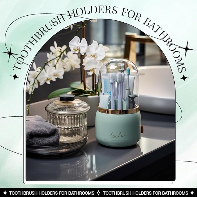 Sawysine Toothbrush Holders with Cover Dustproof Toothbrush Organizer with Sliding Lid Rotating 7 Slots Makeup Brushes Toothpaste Stand Storage for Bathroom Accessories Counter Vanity
