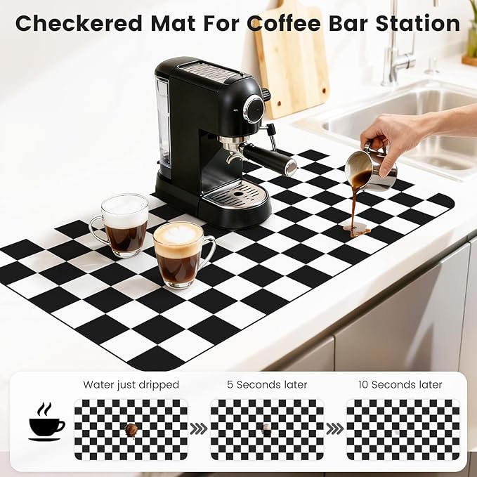 17" x 32" Checkered Dish Drying Mat for Kitchen Counter, Absorbent Coffee Bar Mat for Espresso Machine Coffee Countertops Accessories, Black - Image 3