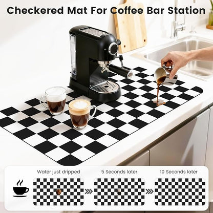 17" x 32" Checkered Dish Drying Mat for Kitchen Counter, Absorbent Coffee Bar Mat for Espresso Machine Coffee Countertops Accessories, Black - Image 3