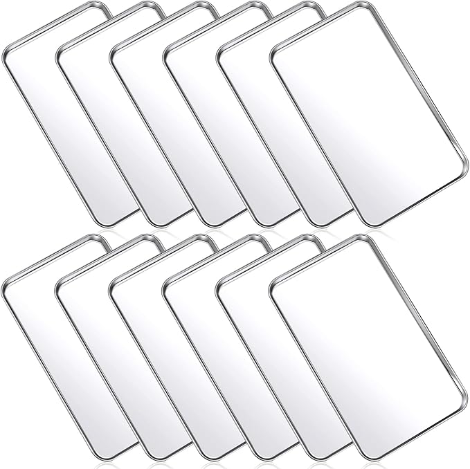 Mimorou 12 Pcs Baking Sheet Stainless Steel Cookie Small Metal Sheet Pans Professional Rectangle Oven Trays Kitchen Baking Cooking Oven and Toaster, Dishwasher Safe(10.2 x 5.9 Inch)