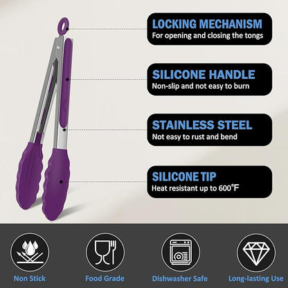 Kitchen Tongs, Stainless Steel Cooking Tongs with Silicone Tips, 600ºF High Heat-Resistant Non Scratch Locking Tongs for Cooking BBQ Grilling Air Fryer Pans, Set of 3 (7" 9" and 12") Purple - Image 4