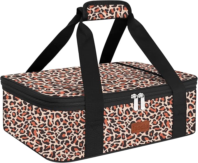 Insulated Casserole Carrier Bag, Expandable Thermal Food Carrier Insulated Travel Carry Bag for Hot or Cold Food for Picnic Cookouts Potluck Parties Fits 9" x 13" Baking Dish (Leopard)