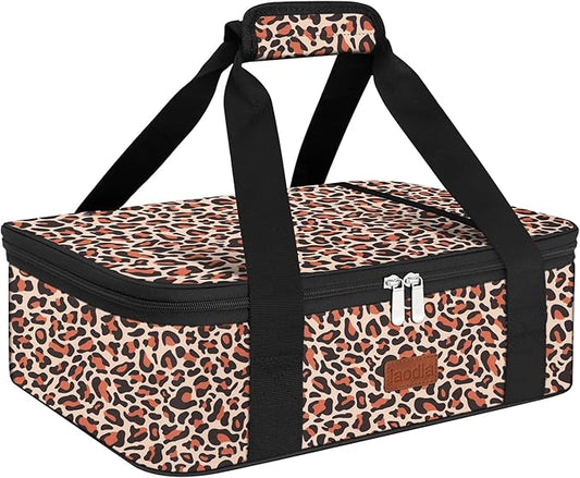 Insulated Casserole Carrier Bag, Expandable Thermal Food Carrier Insulated Travel Carry Bag for Hot or Cold Food for Picnic Cookouts Potluck Parties Fits 9" x 13" Baking Dish (Leopard)