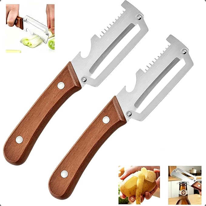 2-Pack Multifunctional Vegetable Peeler, 3 in 1 Kitchen Peeler with Wooden Handle, Grater & Bottle Opener for Potato, Carrot, Apple, Fruit & Vegetable by Unknown