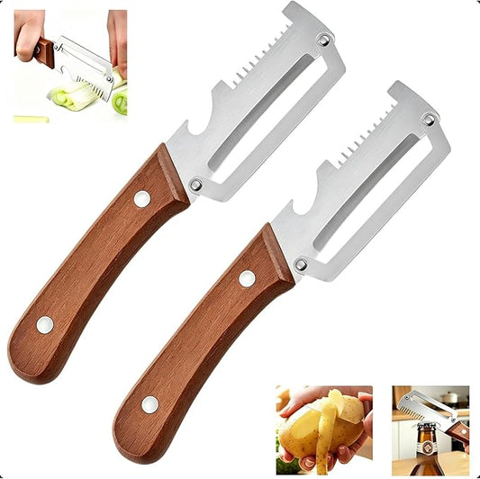2-Pack Multifunctional Vegetable Peeler, 3 in 1 Kitchen Peeler with Wooden Handle, Grater & Bottle Opener for Potato, Carrot, Apple, Fruit & Vegetable by Unknown