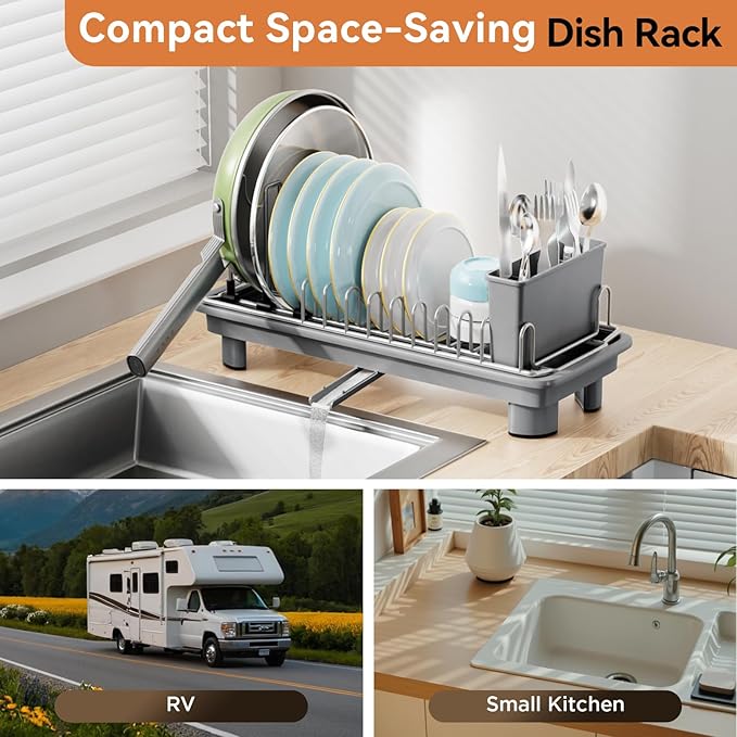 Laveshop Small Dish Drying Rack, Compact Dish Drainer for Kitchen Counter, with Adjustable Back Slots, Space-Saving for Small Kitchens, Gray - Image 3