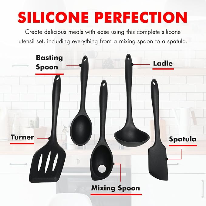 Chef Craft Premium Silicone Kitchen Tool and Utensil Set, 5 Piece, Black - Image 4