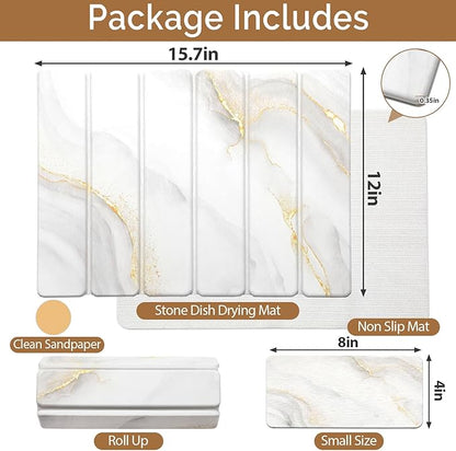 Small Stone Dish Drying Mat for Kitchen Counter, 15.7"×12" & 8"x4" Quick Dry Stone Mats, Foldable Water Absorbing Diatomaceous Earth Drying Dish Pad for Countertop Bottles Utensils Cup(Gold White) - Image 2