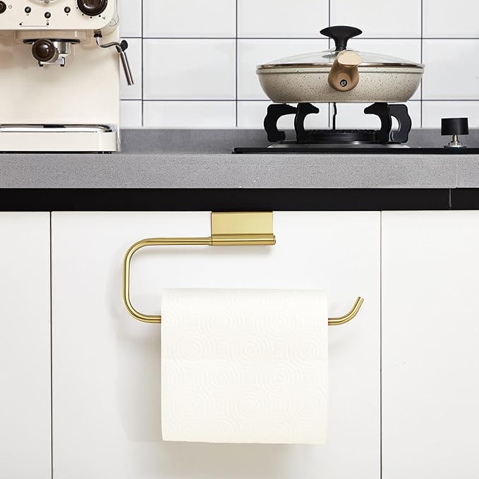 Yaocom 12.4 Inches Cabinet Door Paper Towel Holder Camper Under Sink No Drilling Paper Towel Storage and Dispenser for RV Kitchen Bathroom Laundry Room, Stainless Steel(Gold,1 Pcs)