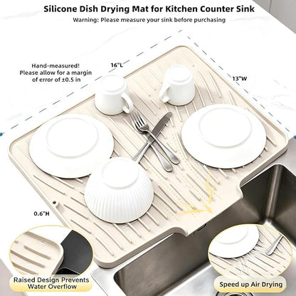 Silicone Dish Drying Mat for Kitchen Counter Sink,16"x13" Beige Rubber Dish Drying Mat with Drain Lip & Lanyard,Non-Slip dish drying Pad,silicone drying mat dish drain mat - Image 2