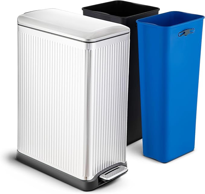 Home Zone Living 13 Gallon Dual Compartment Step Trash Can with Soft-Close Lid, Reeded Stainless Steel, Silver