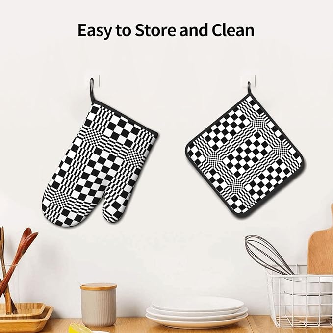 Black and White Optical Illusion Checkered Oven Mitt & Pot Holder Set (3-Piece) - Heat Resistant Non-Slip Kitchen Gloves Gift for Cooking Enthusiasts, Modern Kitchen Decor for Baking Grilling, Black - Image 5