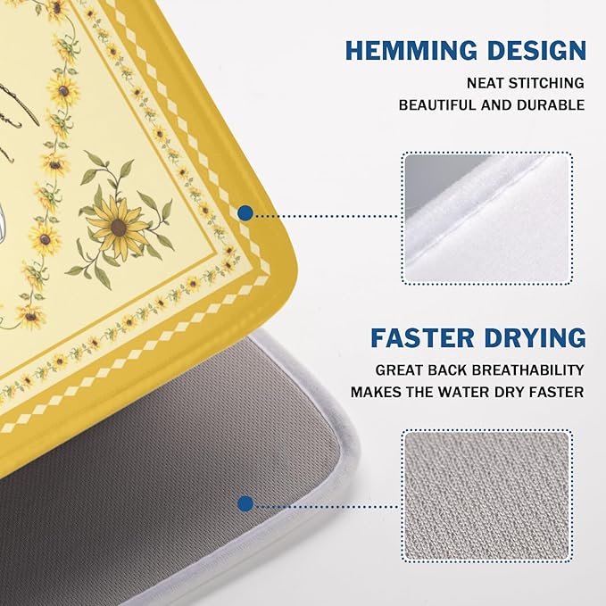 Giwawa Sunflower Bee Dish Drying Mat, Summer Rustic Sunshine Floral Dish Drainer Mats, Yellow Farmhouse Microfiber Reversible Large Dish Drying Pad Decor for Kitchen Countertop, 18x24inches