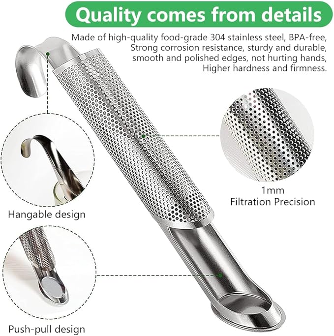 Stainless Steel Tea Diffuser, 2026 Upgraded Tea Pipe Infuser with Hanging Hook & Long Handle, Fine Mesh Tea Steeper for Loose Leaf Tea, Coffee & Spices (Includes Cleaning Brush) (6Pcs)