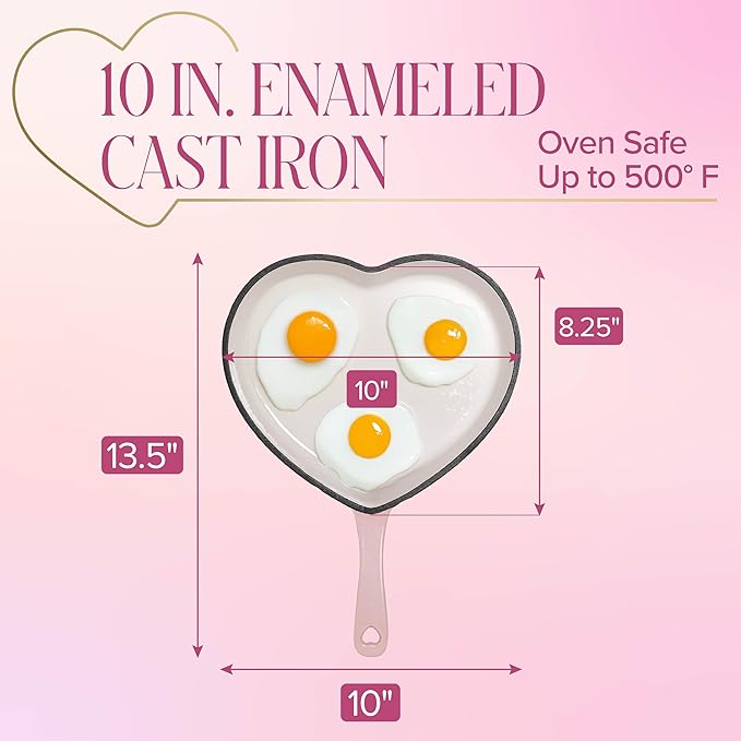 Paris Hilton Enameled Cast Iron Heart Skillet Pan, Superior Heat Retention, Oven Safe, Long-Lasting Enamel, 10-Inch, Pink - Image 6