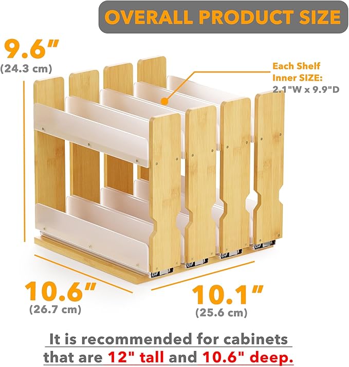 SpaceAid Bamboo Pull Out Spice Rack Organizer for Cabinet, Heavy Duty Slide Out Seasoning Kitchen Pantry Sliding Vertical Organization, 10.1" Wide, 4 Drawers(2" Wide), 2-Tier, Natural - Image 3