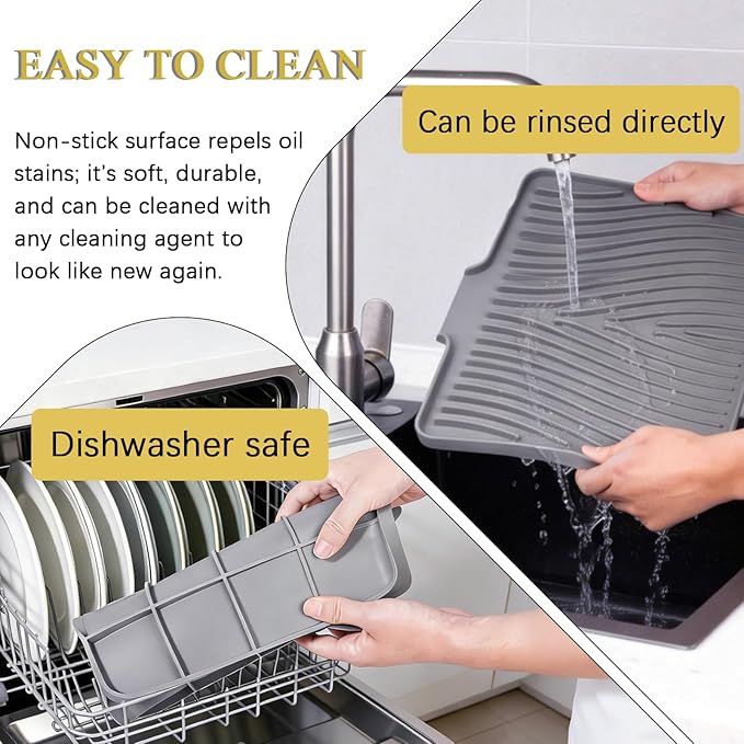 Silicone Drying Mat, 16"X13" With Built-in Drain Lip,Heat-Resistant,Eco-friendly,Hygienic Drying Pad,Leak-Proof and Non-Slip,Silicone Dish Drying Mat for Kitchen Counter or Sink（Gray 16X13） - Image 4