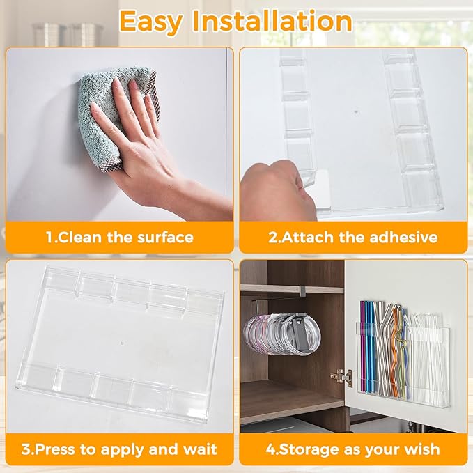 Kitchen Cabinet Straw Holder: Acrylic Organizer and Hanging Lid Rack with Adhesive for Door – Cup Tumbler Accessories Storage Set - Image 3