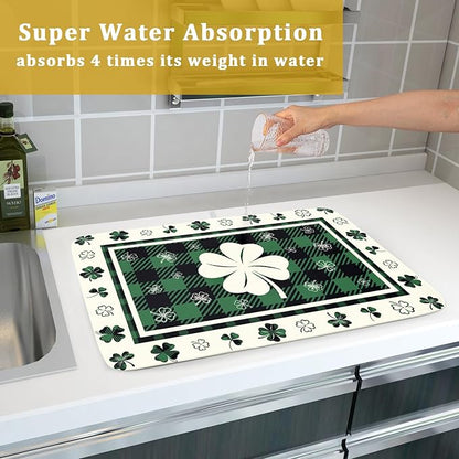 Giwawa Patrick Clovers Dish Drying Mat 18"x24" Lucky Shamrock Spring Leaf Dish Drainer Mats Green Black Buffalo Plaids Absorbent Microfiber Dish Drying Pad for Kitchen Countertop Large Decor