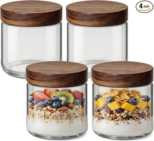 10oz 4 Pack Overnight Oats Containers with Lids, Small Glass Mason Jars with Acacia Wood Airtight Lids, Wide Mouth Meal Prep Storage Jars for Oats, Chia Pudding, Salad, Parfait, Snacks, Spice