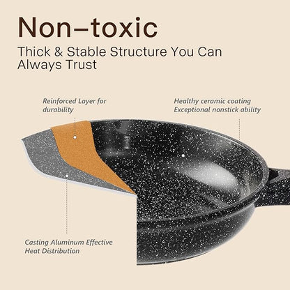 Pots and Pans Set Nonstick 22 Pcs, Ceramic cookware set Non-Toxic Coating Inky Granite Kitchen Cookware Set, Induction Kitchen Cooking Set w/Frying Pans, Saucepans & Glass Lids, PFOS & PFOA Free - Image 4