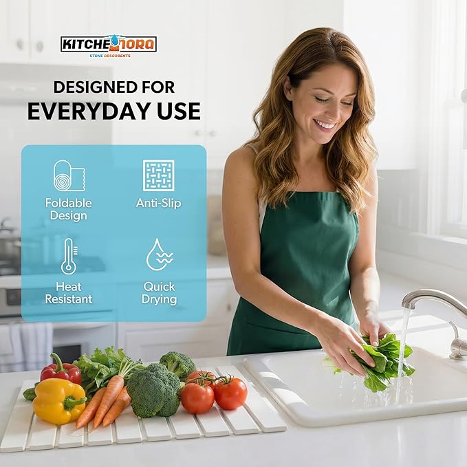 Stone Drying Mat for Kitchen Counter (White, Large) - Super Absorbent, 30sec Fast-Drying Diatomite Dish Mat, Collapsible for Kitchen.