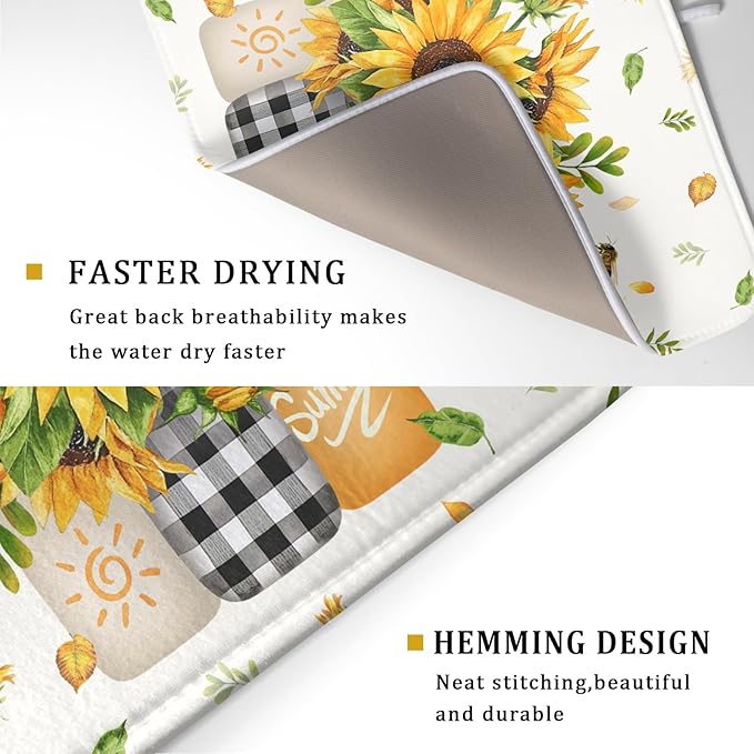 Giwawa Sunflower Vases Dish Drying Mat for Countertop, 18"x24" Summer Bee Floral Mason Jar Dish Drainer Mats, Fast Dry Microfiber Reversible Large Dish Drying Pad Kitchen Decoration