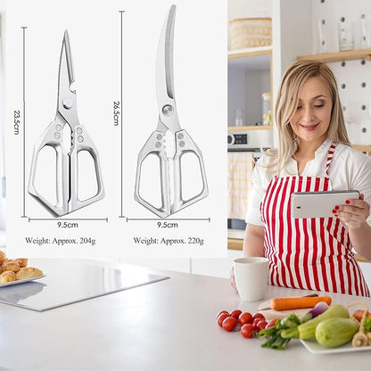 2-Piece Heavy Duty Kitchen Scissors Professional Stainless Steel Meat & Poultry Shears for Cutting Chicken Bones with Ergonomic Handles, Dishwasher Safe for Kitchen & BBQ Silver