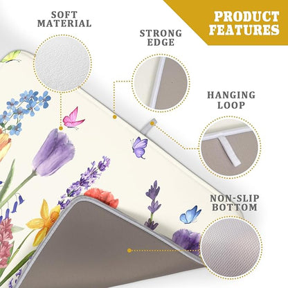 Spring Summer Floral Dish Drying Mat for Kitchen Counter 18x24 Inch Spring Flowers Dish Drainer Rack Mats Absorbent Kitchen Drying Mat Botanical Floral Drainer Rack Mats for Kitchen Countertop Decor