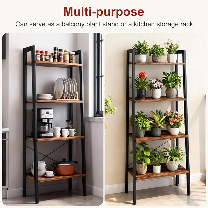 DUMOS Ladder Shelf, 4-Tier Display Bookshelf, Industrial Style Storage Standing Shelf, Decorative Shelves with Stable Frame for Living Room, Bedroom, Office, Kitchen, Bathroom, Brown - Image 5