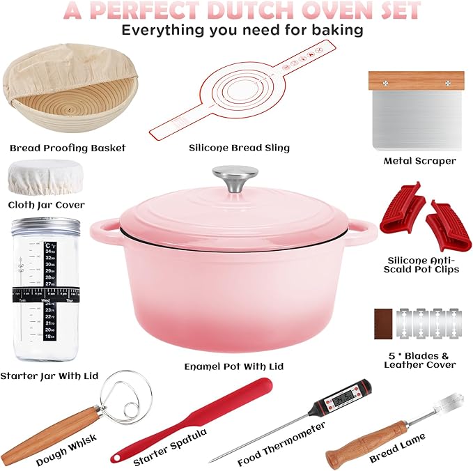 Enameled Cast Iron Dutch Oven Pot with Lid, Incl. Sourdough Bread Baking Supplies Like Banneton Bread Proofing Basket, Starter Jar, Scoring Tool Lame, 5QT Dutch Oven for Bread Baking, Oven Safe up to 500°F - Image 2