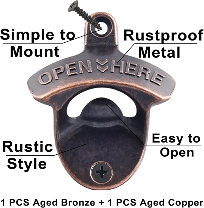 Rustic Wall Mount Bottle Opener Antique Copper, Old Fashion Post Mounted Beer Cap Opener Bronze Stainless for Wood Work Bench Board