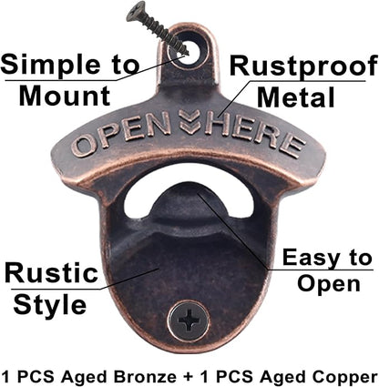 Rustic Wall Mount Bottle Opener Antique Copper, Old Fashion Post Mounted Beer Cap Opener Bronze Stainless for Wood Work Bench Board