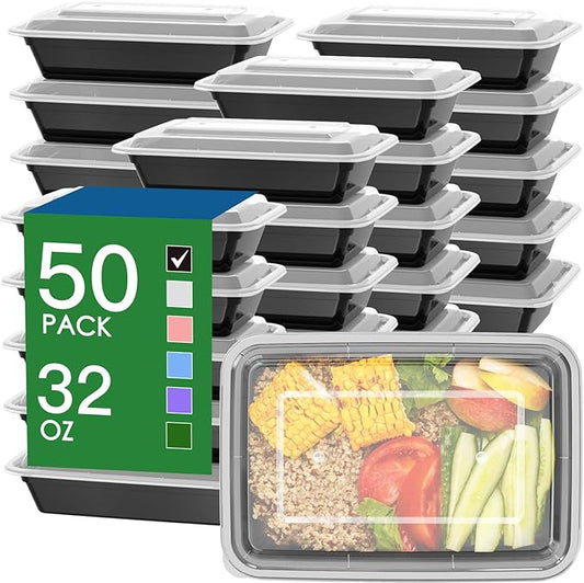 50 Pack (100-Piece) 32 oz Meal Prep Containers Reusable with Easy Open Lids, Sturdy Leakproof Food Safe, Microwave Freezer Dishwasher Safe, To Go Take Out Plastic Food Storage Pans with Lids, Black by Dealusy