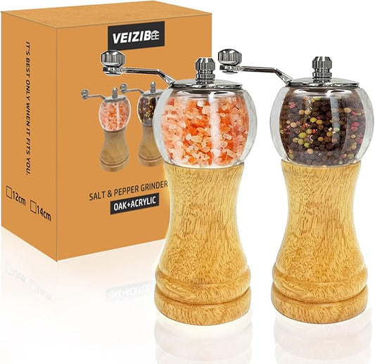Salt and Pepper Grinder Set Wooden Pepper Salt Grinder Set Manual Pepper Mill Set Classical Hand Shake Ceramic Blades Metal Handle Wooden Pepper Shaker with Adjustable Coarseness