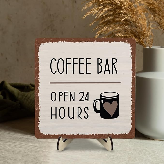 Coffee Bar Sign Plaque Decor,Coffee Bar Accessories,Rustic Wooden Tabletop Plaque with Stand, Minimalist Farmhouse Kitchen Counter Sign,Cute Mini Café Bar Decor Gift 5.9x5.9Inch - Image 7
