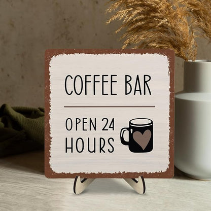 Coffee Bar Sign Plaque Decor,Coffee Bar Accessories,Rustic Wooden Tabletop Plaque with Stand, Minimalist Farmhouse Kitchen Counter Sign,Cute Mini Café Bar Decor Gift 5.9x5.9Inch - Image 7