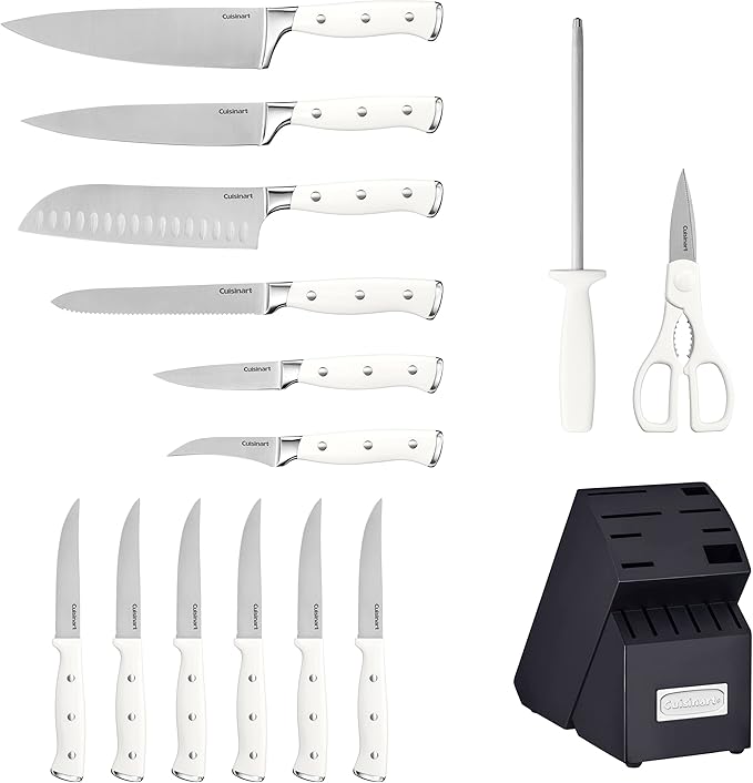 Cuisinart 15-Piece Knife Set with Block, High Carbon Stainless Steel, Forged Triple Rivet, White/Navy C77WTR-15PN - Image 3