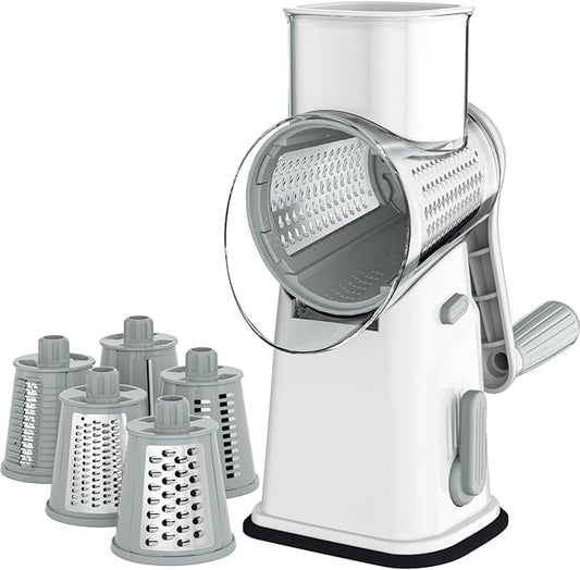 Ourokhome Rotary Cheese Grater Cheese Shredder with 5 Interchangeable Blades, Rotary Grater with Non-slip Suction Base Hand Crank Slicer for Vegetable Nuts White